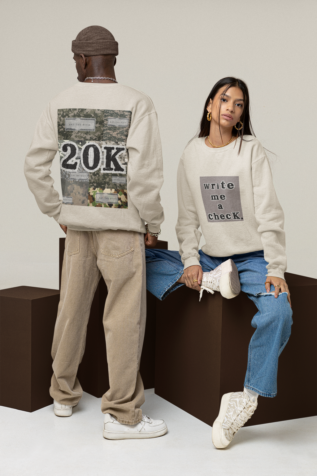 'Write Me a Check/Eat the Rich' Camo Print Washed Oversized Crewneck
